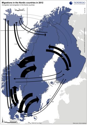 Kart over flyttestrømmene i Norden 2012