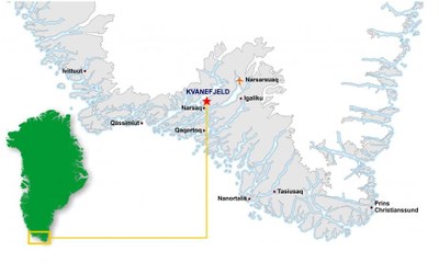 Karta Narsaq och gruvprojektet Kvanefjord