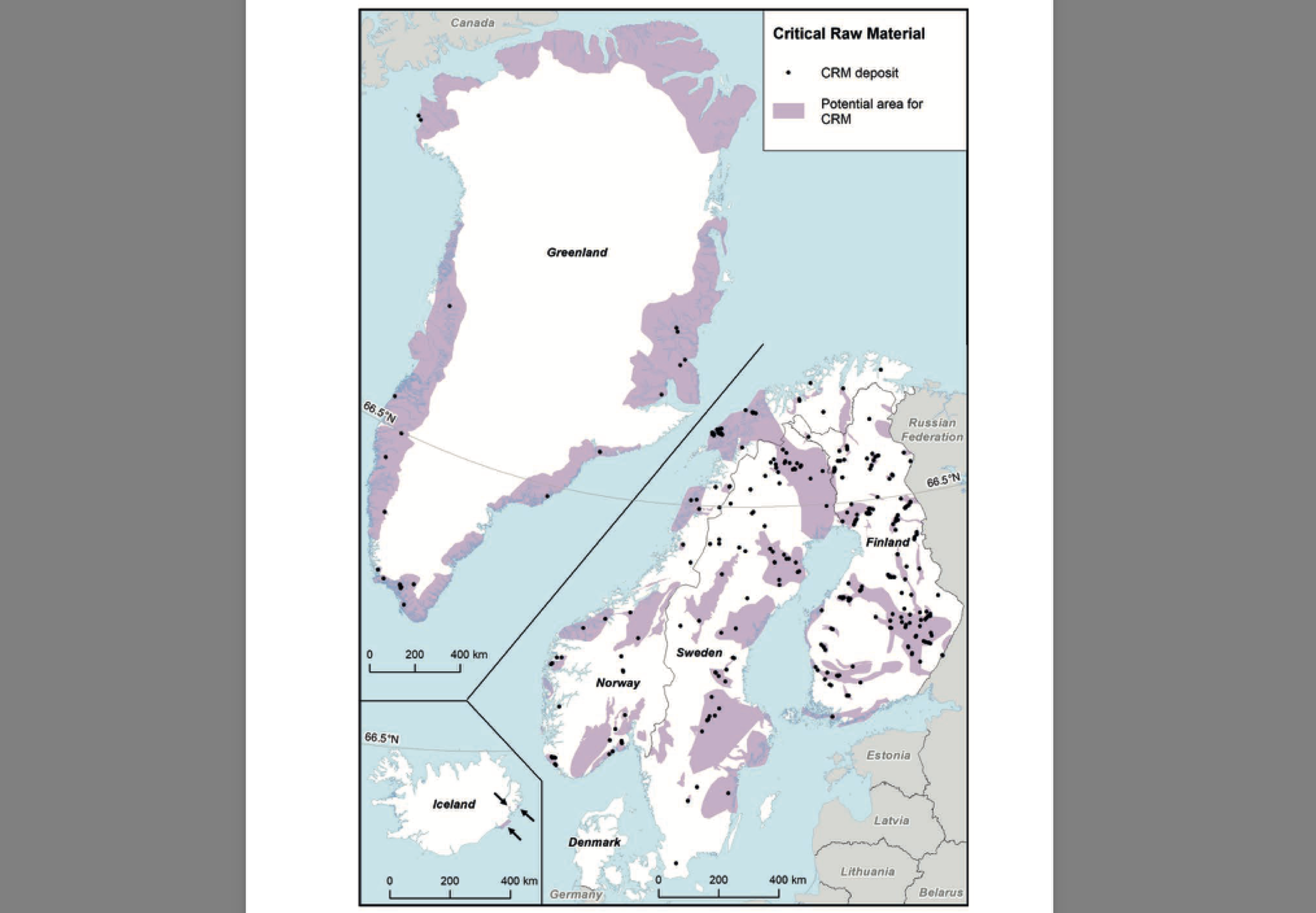 Kart kritiske råmaterialer Norden, fra rapport Nordic Innovation